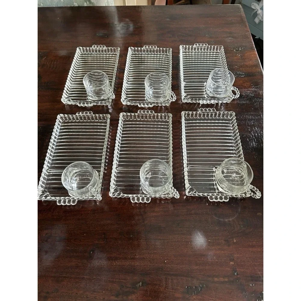 3 Pressed Glass Rectangle Snack Trays w/cups & cigarette ashtrays. Sip and Smoke